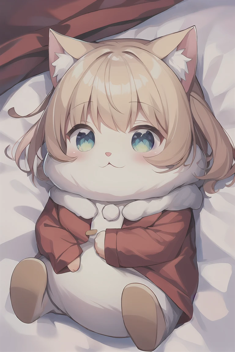 Illustration of a cute fat cat happy on a fluffy white pillow with light clouds around. Above the cat,Padoru_Meme,chibi,high lights