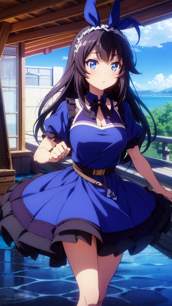 best quality, extremely detailed, anime style adult 1girl, long hair down to the waist, straight hair, dark black hair with bluish, beautiful detailed eyes, pinched eyes, dark blue eyes, huge breasts,curvy, ((((A dress made of running water and light)))),hair accessory,((Luxury cottage rooms by the sea)),((pov face)),in umamusume's 3D style