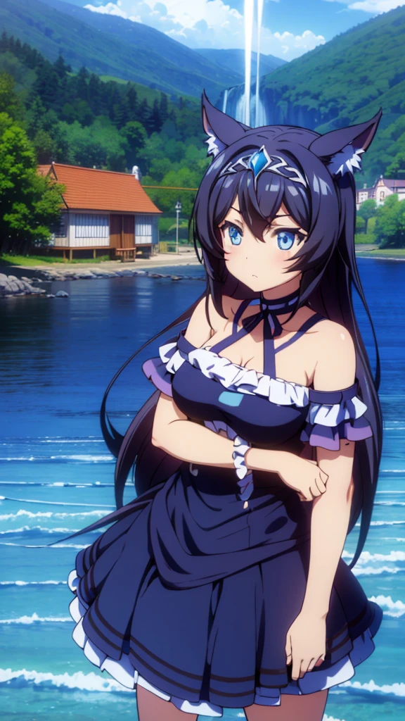 best quality, extremely detailed, anime style adult 1girl, long hair down to the waist, straight hair, dark black hair with bluish, beautiful detailed eyes, pinched eyes, dark blue eyes, huge breasts,curvy, ((((A dress made of running water and light)))),hair accessory,((Luxury cottage rooms by the sea)),((pov face)),in umamusume's 3D style