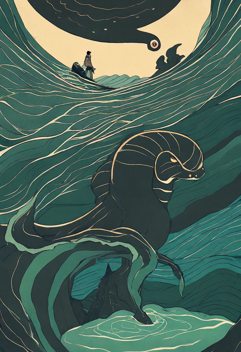 illustration of a man riding a wave on a surfboard with a boat in the background, serpentine water monster, sea serpent, Which of Caríbdis, scary Sea monster, Sea monster, cyril rolando and goro fujita, pokemon illustration, underwater Sea monster, water type, amazing wallpaper, aquatic creature, tsunami behind him, dnd triton