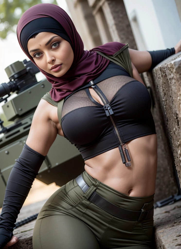 50yo MATURE MILF AISHWARYA RAI, with assault riffle in hands, (photorealistic), beautiful lighting, best quality, realistic, full body portrait, real picture, intricate details, depth of field, 50-years-old, standing on top of army tank, very attractive mature milf solider,((big cleavage, wide hips)), ((wearing hijab)), wearing millitary pants and crop top showing cleavage, knee high boots, combat gloves, (kneepads), highly-detailed, perfect face, hazel eyes, lips, wide hips, ((mature hourglass figure)) make up, tacticool, Fujifilm XT3, outdoors, bright day, Beautiful lighting, RAW photo, 8k uhd, film grain, ((bokeh))