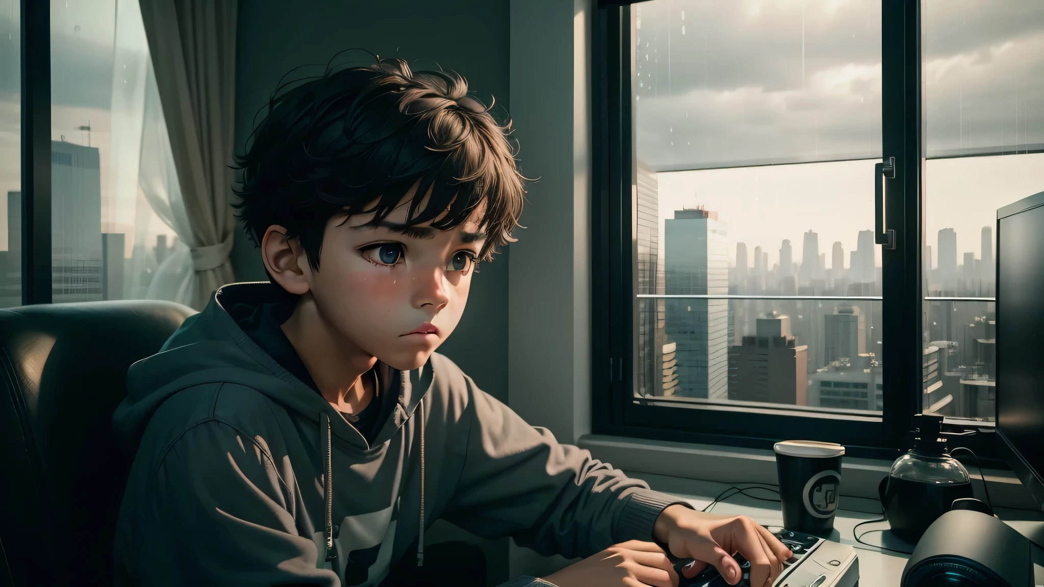 ung boy, with upset face, Gaming setup with computer monitor, apartment with big window, big city , looking out the window at the city, beautiful apartment, Raining outside, drinking coffee