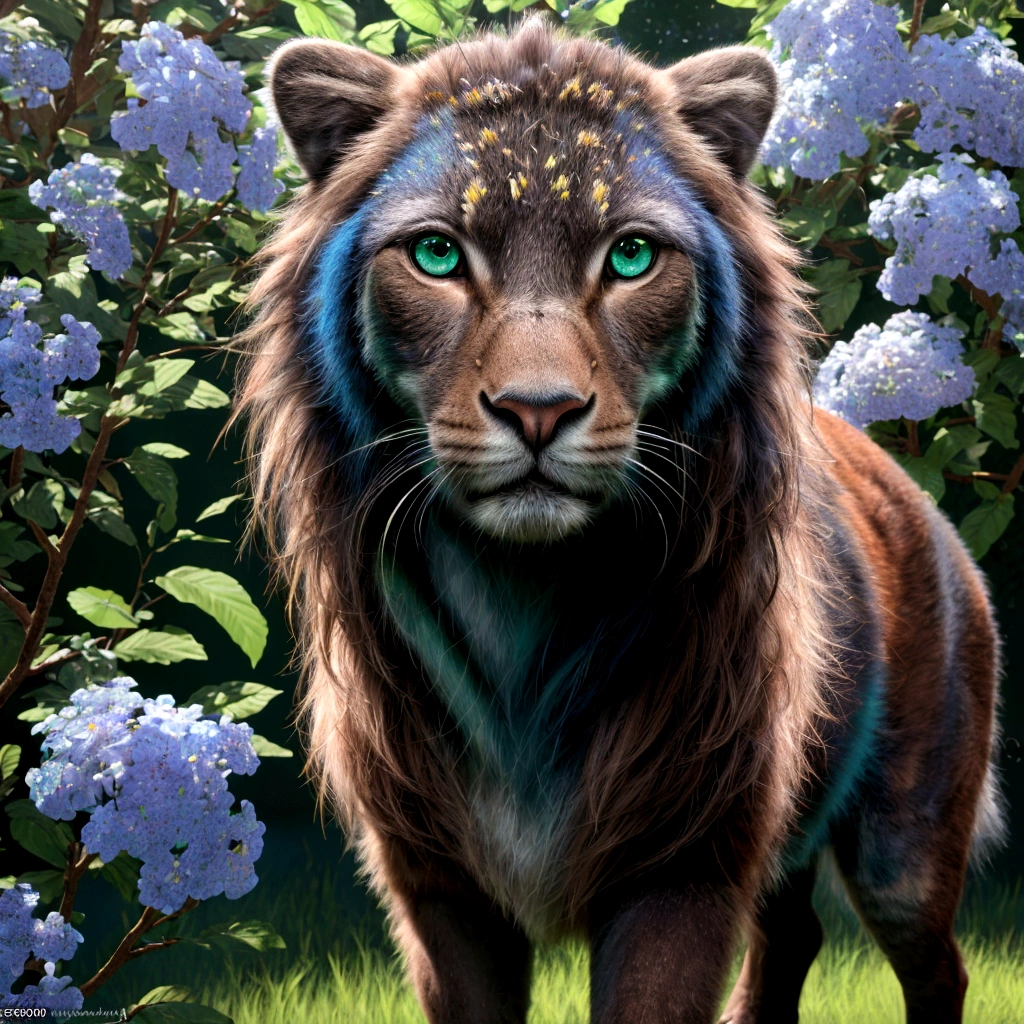 (best quality,4K,8K,highres,masterpiece:1.2),Ultra-detail,(realisti,photorealisti,photo-realisti:1.37),Illustration,animal,Standing position from the front,blue,grau,brown,bright green eyes,floral background