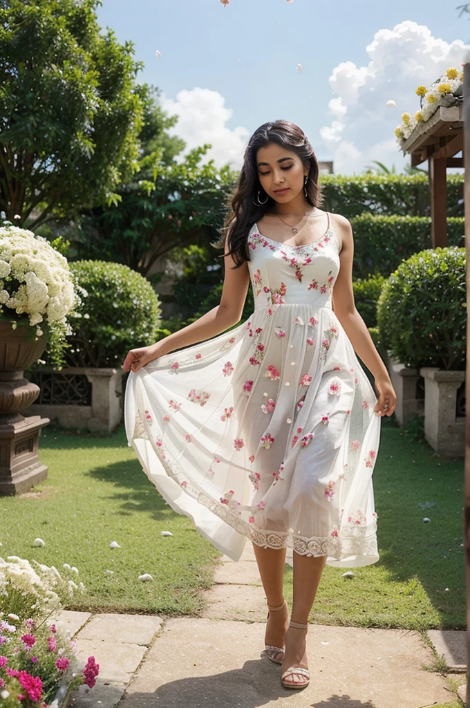 South Asian girl twirling in an heavenly floral garden. She is wearing a long white dress with embroidered pearls all over the dress. Flowers petals are falling from the sky.