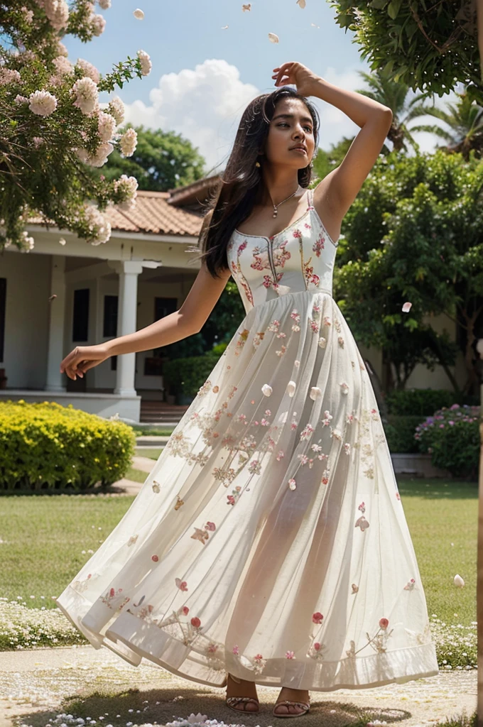 South Asian girl twirling in an heavenly floral garden. She is wearing a long white dress  with embroidered pearls all over the dress. Flowers petals are falling from the sky. 