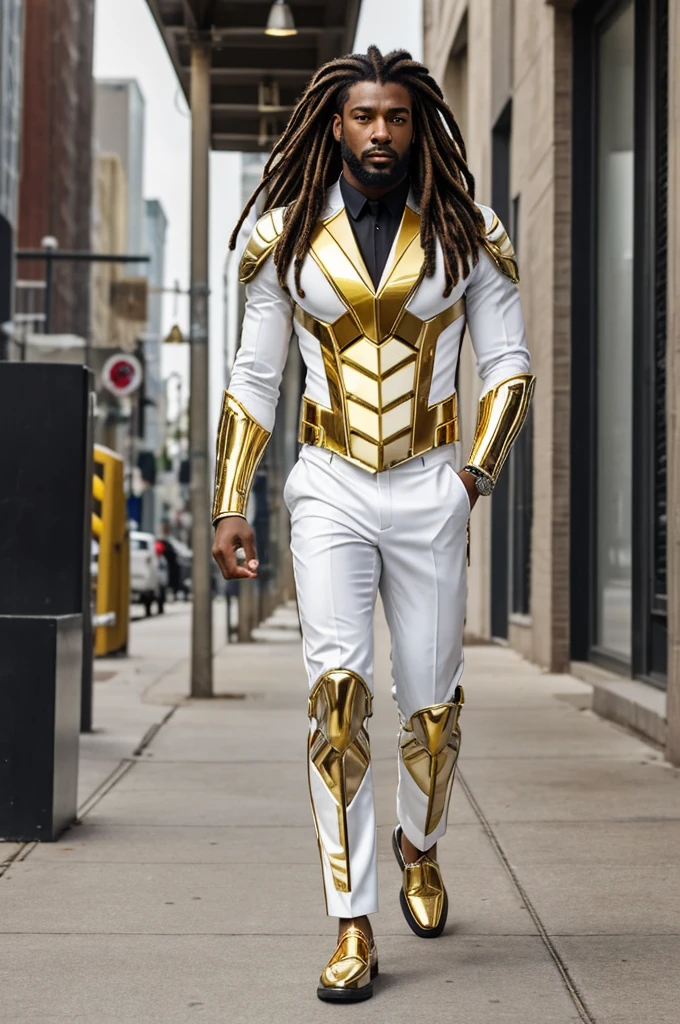 Create an ultra-realistic image of a strikingly handsome black man with a well-groomed beard and a slender build. He has captivating golden eyes, attractive lips, and long shiny dreadlocks . He is dressed in a white cybernetic suit with gold trim on the collar, sleeves, and hem. His shoes are white silver loafers with golden soles and laces. He stands in a proud and dignified posture with a mysterious gaze fixed straight ahead. He is walking confidently in the downtown area, exuding elegance and determination."