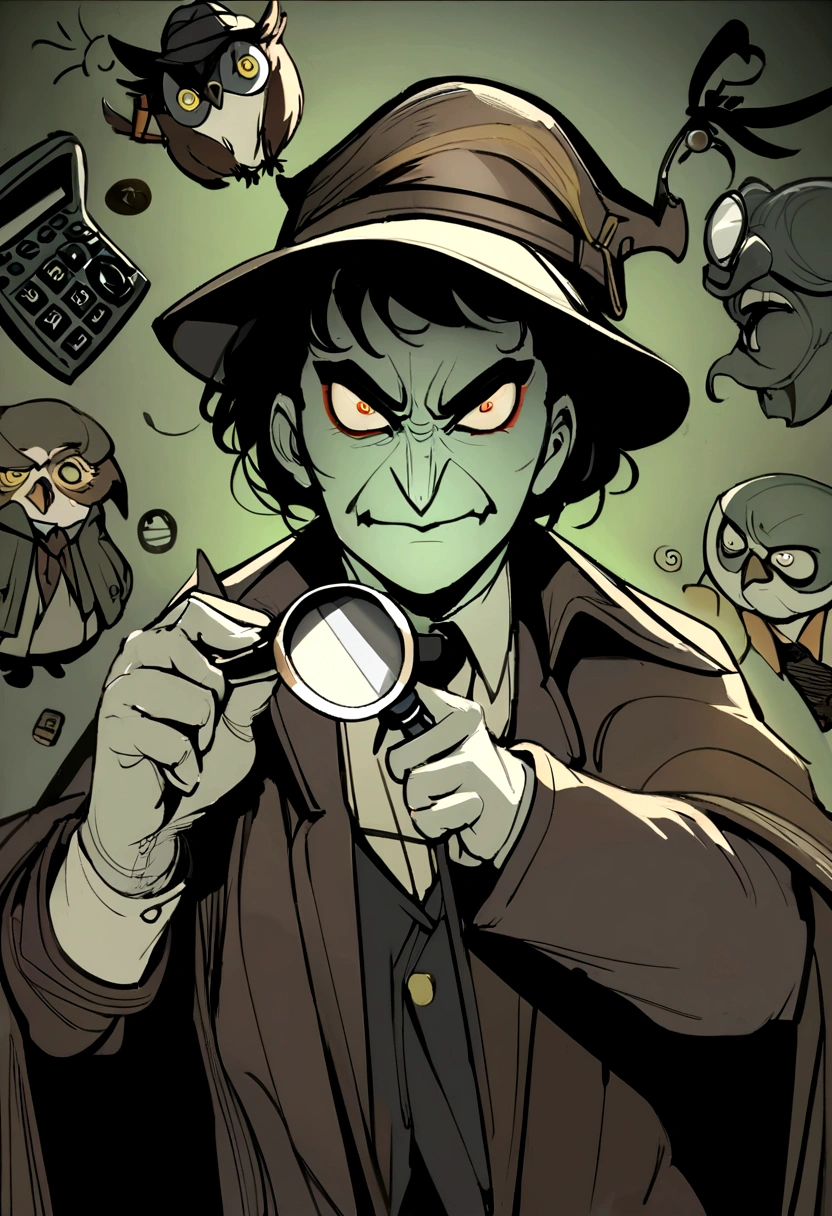 An owl looking like a detective, with a magnifying glass and a detective hat, A calculator, a pen and notepads. May have a concentrated and sagacious expression, It should convey the idea that no detail escapes your analytical gaze, realisitic, 真实感, evil face
