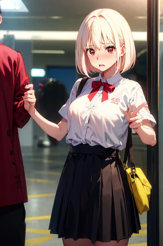 Acme Face、(breasts out1:3)、nsfw、show off breasts、nose blush、sweat、1 boy、bitch、POV shooter、Chest grab、blush、Embarrassed look、saliva、1 boy、POV shooter、Chest grab、Small breasts、手でhide、skill、、hide、Black Skirt、、blush、、Embarrassed look、Japanese、Black Skirt、ahegao、No bra、Light cream colored hair、Short Hair、Red eyes、blush、、Perfect hands、Fine hand、Inside the train、、Good hands、