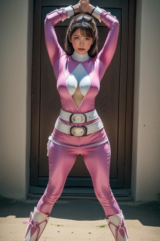 pink theme,pink ranger suit、curvy, big breats, full body, tied on Saint Andrew's cross in X position