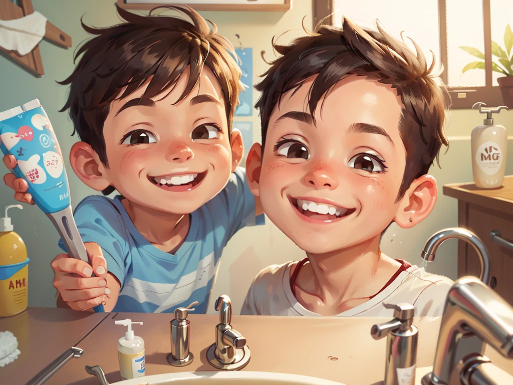 A smiling boy, closeup of face, showing his clean teeth, toothbrush and toothpaste in the bathroom