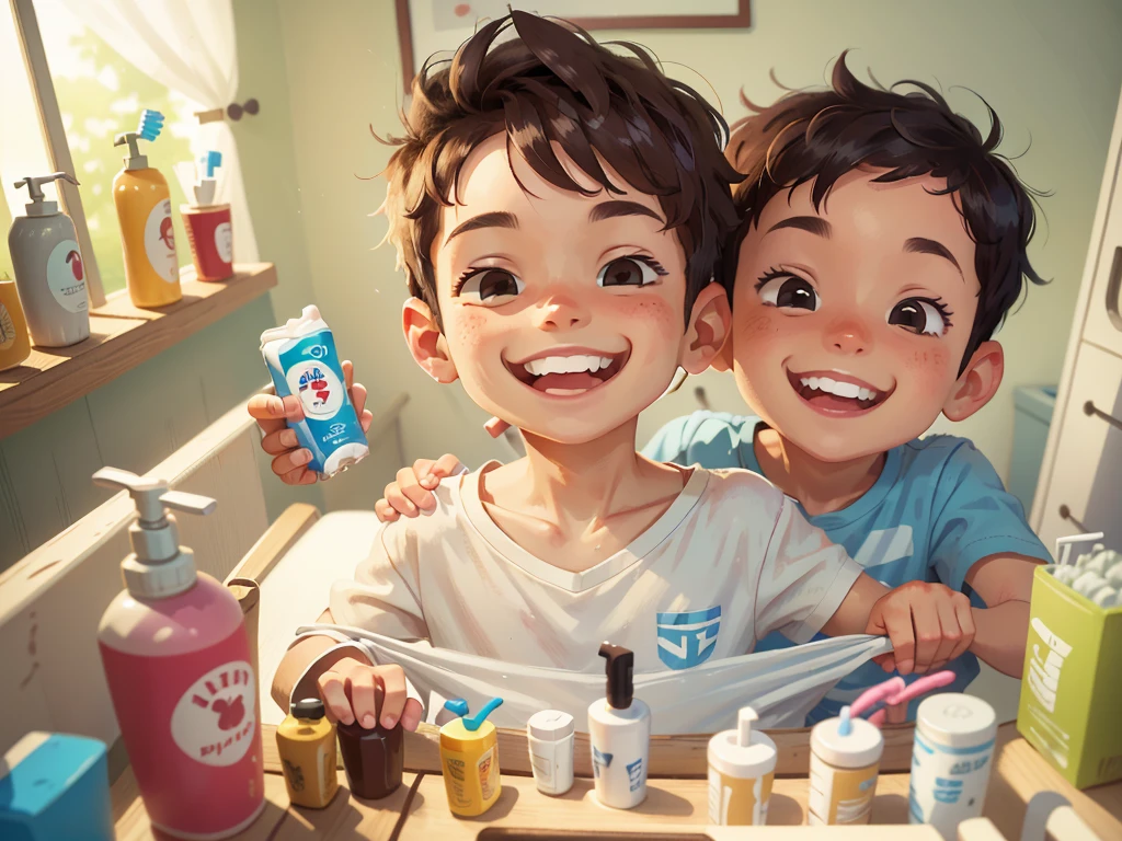 A smiling boy, closeup of face, showing his clean teeth, toothbrush and toothpaste in the bathroom