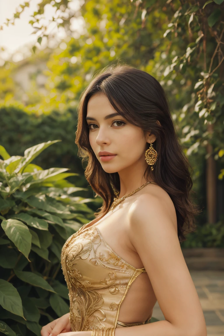 crie uma imagem de uma mulher delicada, pele branca, mulher branca, cabelos pretos ondulados, Tema Orgulho e Preconceito, palace background, vestido vintage bonito, imagem da cintura, 8k, Hiper realista, cinemactic, foco no rosto, The photo is taken with an 18 mm wide-angle camera, em 8k fotorrealismo, criando uma imagem que evoca tranquilidade e paz, romance, ouro. zoom no rosto