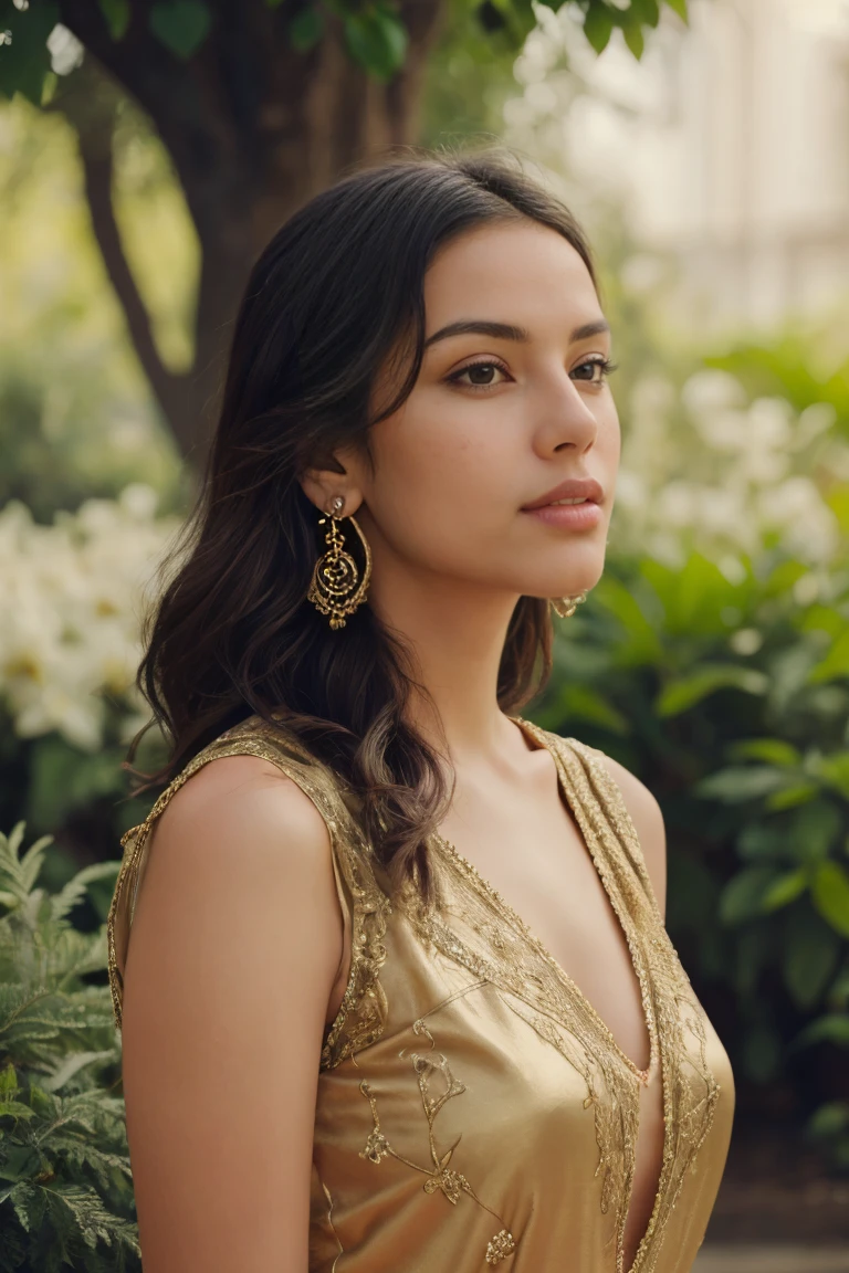 a beautiful young middle eastern woman, detailed facial features, long flowing dark hair, warm brown eyes, delicate nose and lips, elegant facial expression, intricate ornate gold jewelry, intricate embroidered traditional dress, serene outdoor garden setting, lush greenery, blooming flowers, soft natural lighting, (best quality,4k,8k,highres,masterpiece:1.2),ultra-detailed,(realistic,photorealistic,photo-realistic:1.37),detailed portrait,cinematic composition