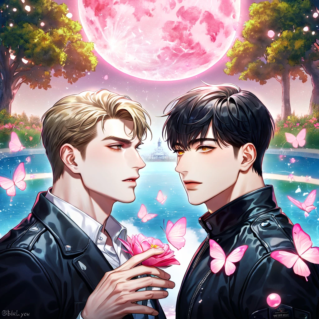 (absurdres, highres, ultra detailed, HDR) master piece, best quality, Sung Hyunjae, ash-blonde hair, expressive yellow eyes, The S-Classes That I Raised, Han Yoojin, black hair, expressive brown eyes, two sexy men together, gay couple, yaoi, handsome, black leather jacket, white shirt, fantasy, magical, water, pink moon, pink flowers, pink butterflies, glass
