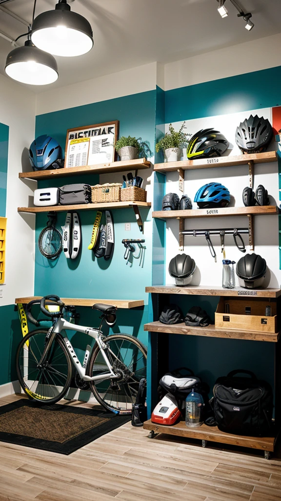 "Create an ultra-realistic, cinematic-style image in 16k resolution with high brightness, high contrast, high saturation, and high sharpness. The scene depicts the interior of a modern bicycle shop. The store is well-lit with natural and artificial lighting, highlighting the sleek and vibrant designs of various bicycles displayed on stands and racks. The walls are lined with shelves showcasing cycling accessories like helmets, gloves, and water bottles. A large, polished counter is seen near the entrance with a friendly staff member assisting a customer. The floor is clean and reflective, adding to the shop's inviting ambiance. In the background, there is a section dedicated to bike repairs, with tools neatly organized on a wall-mounted pegboard. The overall composition should capture the professional, organized, and welcoming atmosphere of the bicycle shop, inviting customers to explore and engage with the products."