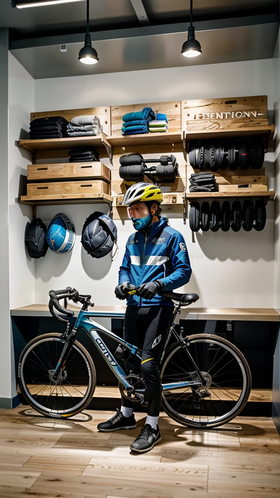 "Create an ultra-realistic, cinematic-style image in 16k resolution with high brightness, high contrast, high saturation, and high sharpness. The scene depicts the interior of a modern bicycle shop. The store is well-lit with natural and artificial lighting, highlighting the sleek and vibrant designs of various bicycles displayed on stands and racks. The walls are lined with shelves showcasing cycling accessories like helmets, gloves, and water bottles. A large, polished counter is seen near the entrance with a friendly staff member assisting a customer. The floor is clean and reflective, adding to the shop's inviting ambiance. In the background, there is a section dedicated to bike repairs, with tools neatly organized on a wall-mounted pegboard. The overall composition should capture the professional, organized, and welcoming atmosphere of the bicycle shop, inviting customers to explore and engage with the products."


