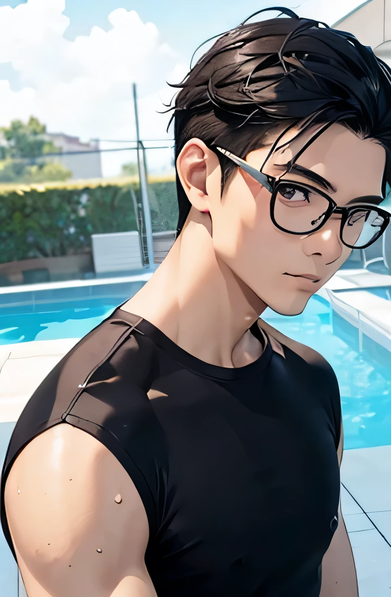 Handsome swimmer Handsome Japanese male models Feeling grown up Fierce Black Hair Very short haircut barefoot Wear glasses The black t-shirt on the upper body is plain Full-body image, upper body in black T-shirt soaked The upper half of his body is soaked with his black T-shirt smile The lower half of the body is white speedo type swimwear. Bulge Swimming Pool looking at the camera Regular glasses Thin frame Arty feel cool The lower half of the body is white speedo type swimwear. Bulge Swimming Pool