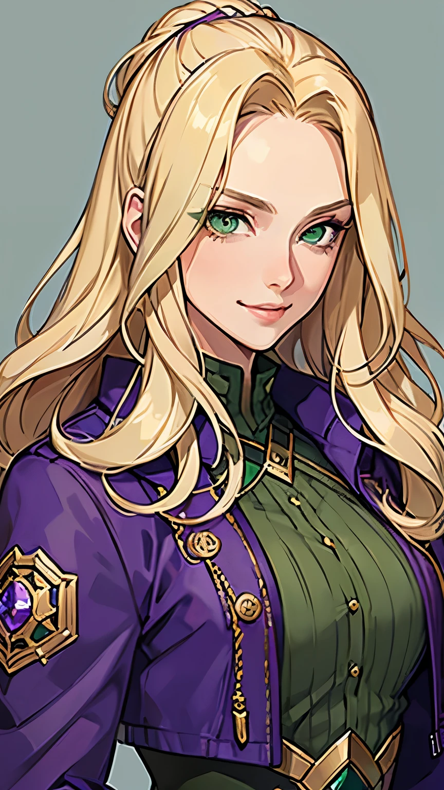 (masterpiece,best quality,ultra-detailed),1 girl,blonde hair,long wavy hair, (cropped jacket), (purple jacket),fantasy clothing,beautiful eyes, ((dark green eyes)),tan skin, (green eyes),(grey theme), confident look, upper body shot,smirk