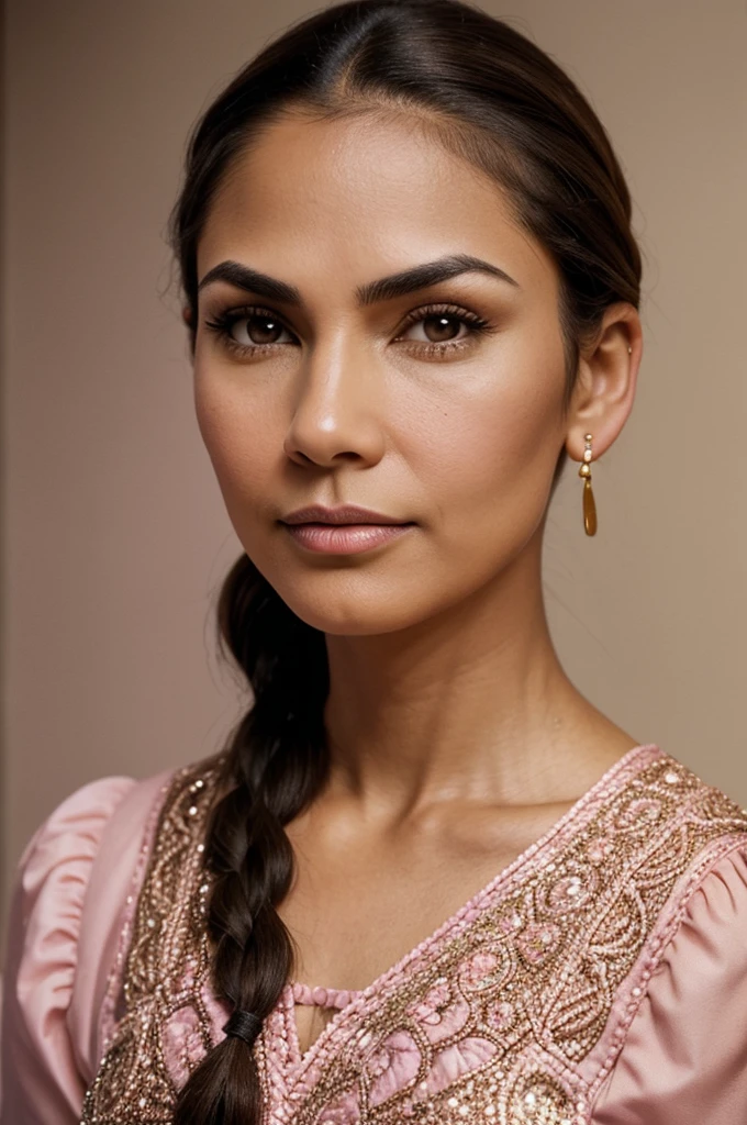 50 year old woman ,round face, Big eyebrows, normal nose, big honey colored eyes, round chin, small cheekbones, medium ears, small mouth thin lips, Small front, long dark brown hair, hairstyle with chola Cuenca braids, light skin color, Small front,with round neck blouse embroidered with sequins, pink blouse color