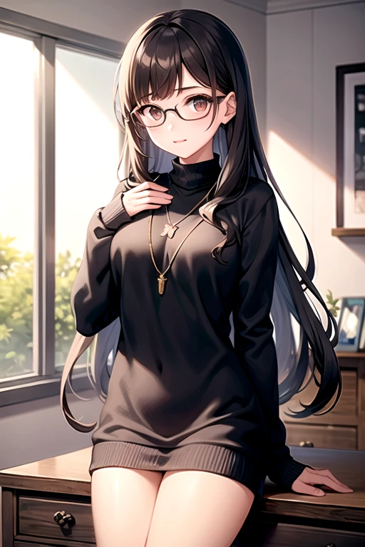 Dark brown eyed girl with long curly brown hair, with black glasses, busty, with a black dress and with 2 silver necklaces and with her nails painted black and red