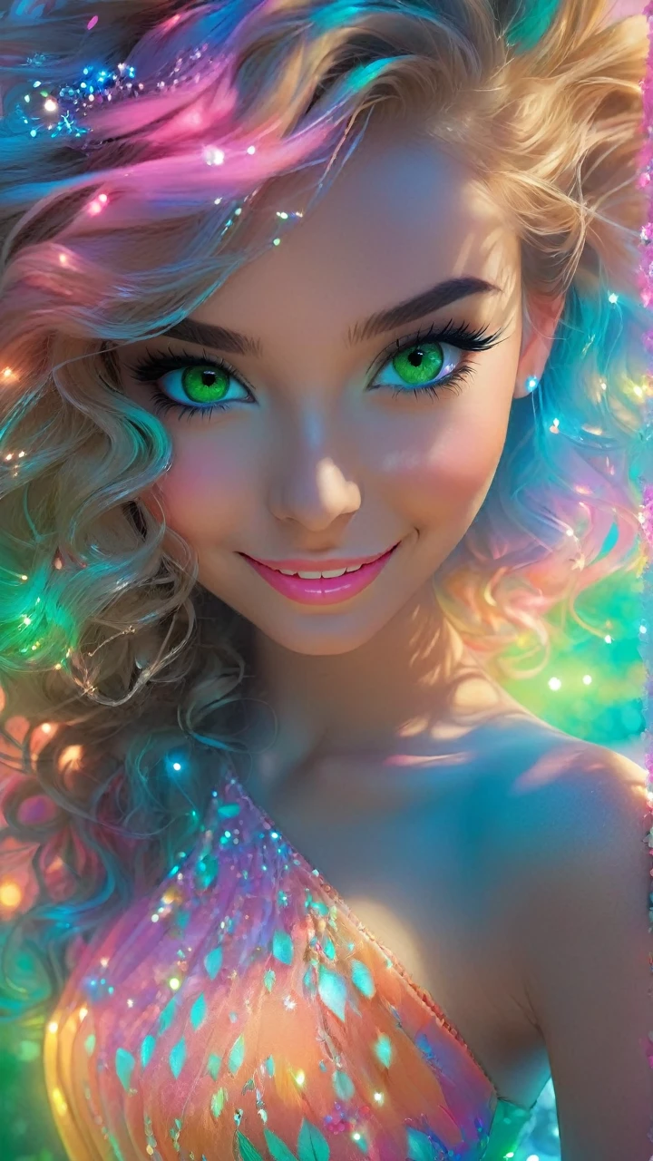 Beautiful girl 20 years old ,smile,eyes are green ,bright makeup,смотрит пол оборота лицо