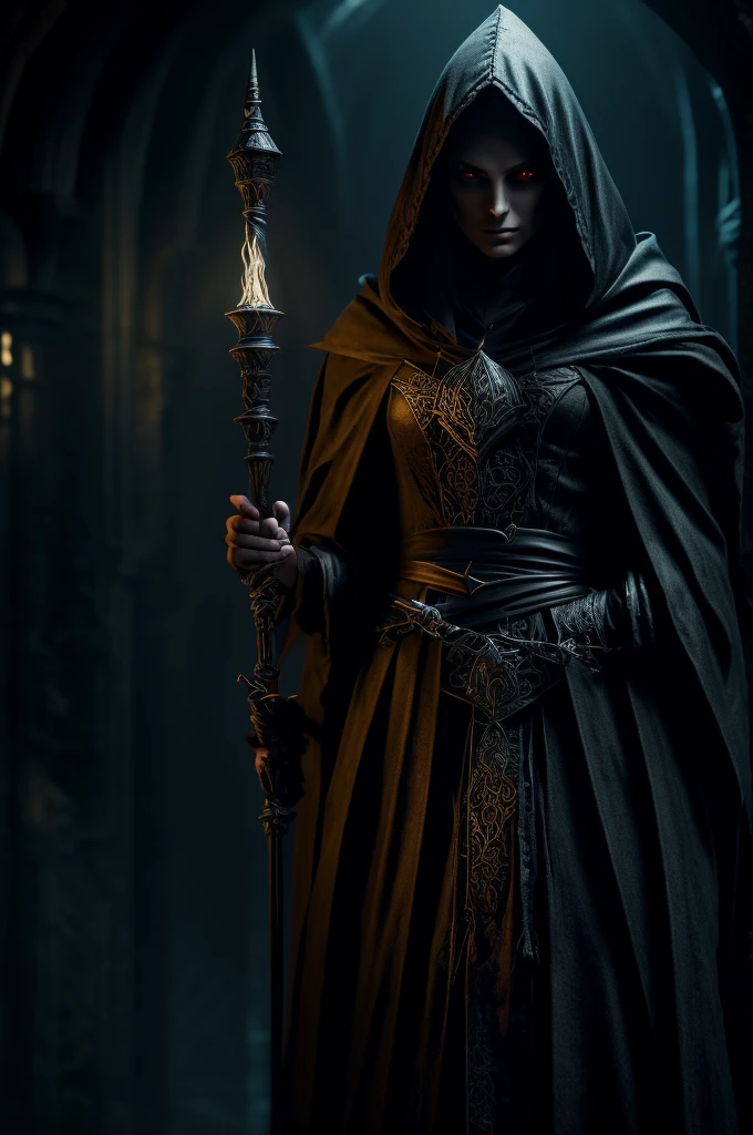 a dunmer necromancer, a dunmer stealth hybrid, worshiper of namira, detailed face, intricate robes, glowing eyes, holding a staff, dark fantasy, moody lighting, cinematic composition, dramatic, rich color palette, muted tones, atmospheric, highly detailed, photorealistic, 8k, best quality