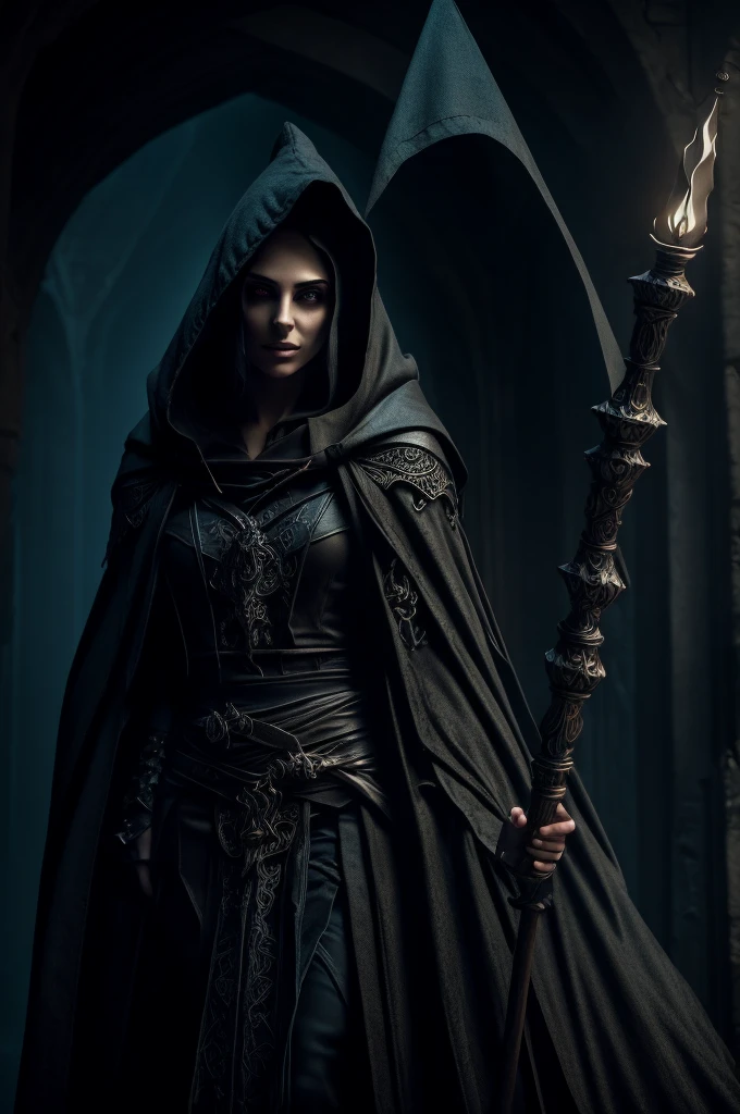 a female angel of death, hooded figure with a scythe, piercing glowing eyes, dark and threatening atmosphere, highly detailed, intricate gothic style, dramatic lighting, dark moody colors, moody cinematic lighting, concept art, 8k, photorealistic, hyperealistic