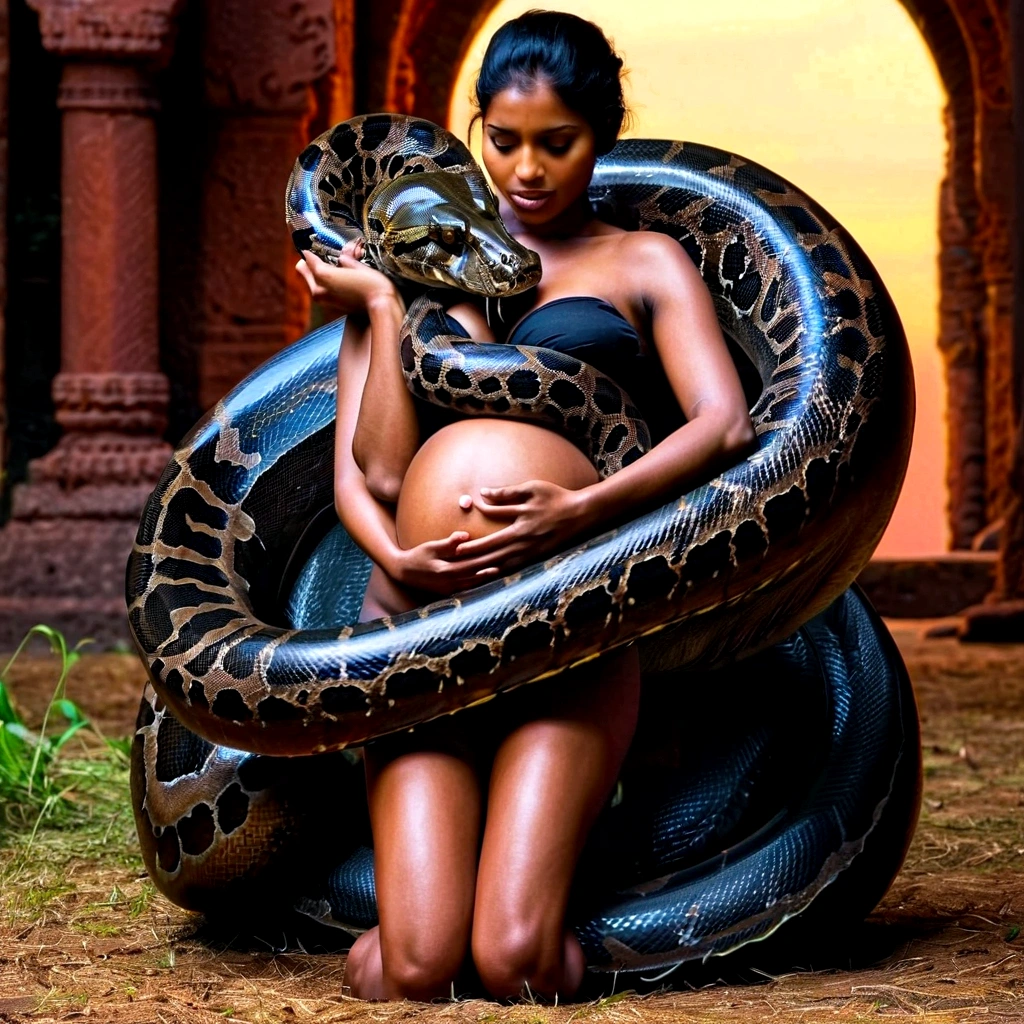Pregnant Happy Horny, aroused 1girl), beautiful kneeling indian young girl with giant colossal black titanboa squeezing her hard, wrapped in thick spiraling coils, constricted, struggle, gasping for air, snake attack, snake peril, moonless night, dim light