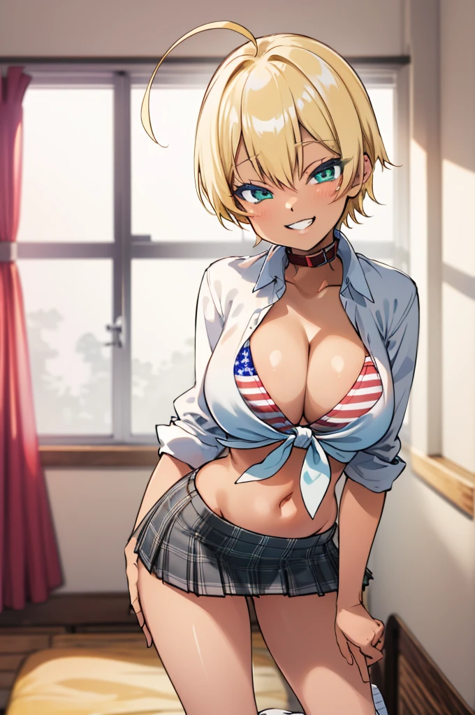 masterpiece, best quality, highres, mi1, dark skin, blonde hair, ahoge, green eyes, blue eyes, american flag bikini, plaid skirt, collar, bikini top only, tied shirt, smile, big breasts,grin,miniskirt,my room,socks,standing,midriff,socks