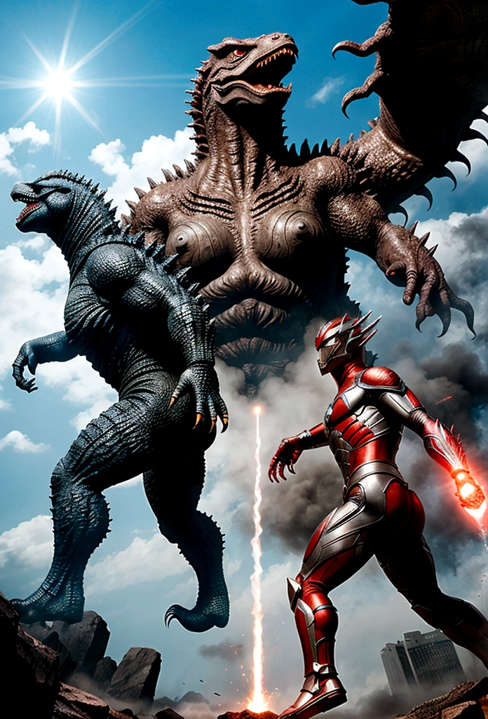 ultraman vs godzilla ,giant monsters fighting ,studio lighting,powerful energy beams,Ultraman Tiga fires a laser at Godzilla., Realistic proportions, Symmetrical legs