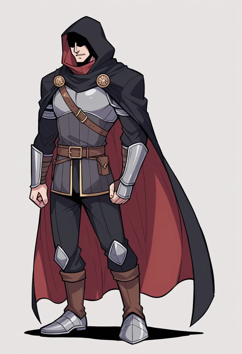 His attire was a striking blend of medieval fantasy and practical armor, designed to both protect and impress. He wore a dark, hooded cloak that flowed down to his ankles, made from a heavy, almost black fabric that absorbed the light and added an air of mystery to his presence. Beneath the cloak, his torso was protected by a finely crafted leather cuirass, dyed a deep midnight blue and embossed with intricate patterns that shimmered subtly in the shadows. His shoulders were adorned with pauldrons of blackened steel, each one etched with ancient runes that hinted at enchantments for strength and protection. Underneath, a tunic of dark grey linen provided a comfortable layer against his skin, its high collar peeking out from beneath the armor. His arms were shielded by vambraces of the same darkened steel, their surfaces smooth and unadorned, offering both flexibility and defense. His hands were covered by fingerless gloves made of sturdy black leather, allowing for dexterity while handling weapons. His legs were clad in durable black trousers, reinforced with hidden plates at the thighs and shins, providing extra protection without hindering movement. His boots, high and rugged, were made from toughened leather, reinforced with metal toe caps and heel guards, ready for both battle and long journeys. A wide belt with a silver buckle encircled his waist, supporting a variety of pouches and a sheath for his sword, the weapon's hilt wrapped in dark leather and always within easy reach. The entire ensemble was stained with dark, dried blood, hinting at recent battles fought and won. The cloak bore splatters and streaks of crimson, the once intricate patterns on the cuirass were now partially obscured by the dried blood of his foes, and even the vambraces and boots showed signs of the fierce combat he had endured, adding a grim, yet heroic, dimension to his imposing presence.
