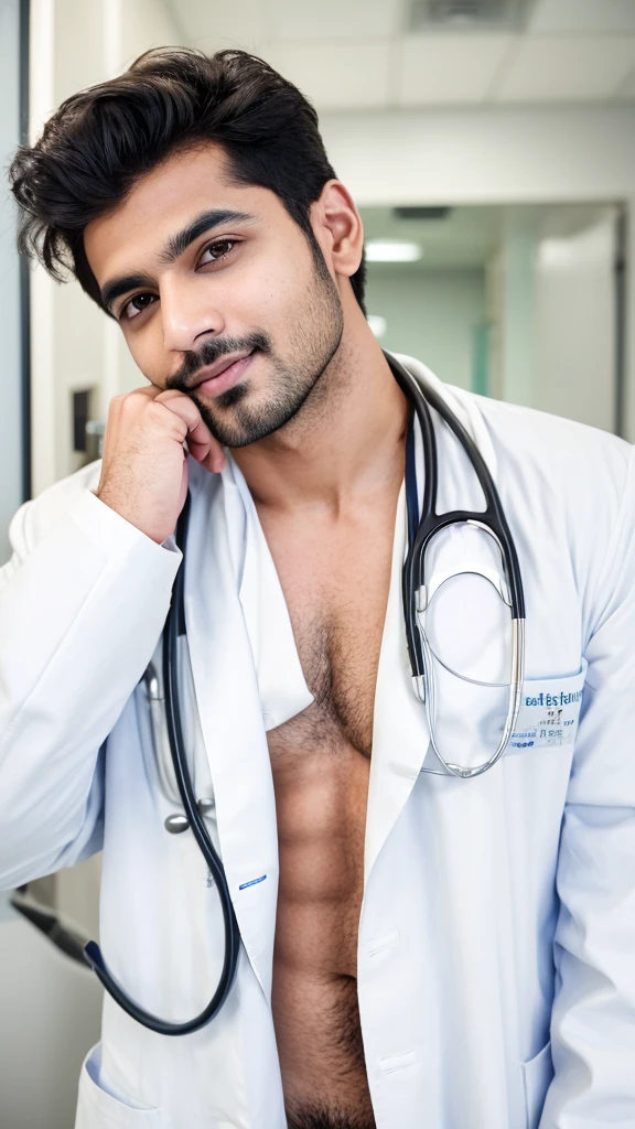 Base model of a handsome indian man, in the hospital ,homoerotic, masterpiece, , handsome face, posing for photo shoot, ultra HD, 16k resolution, handsome face, beautiful eyes, messy hair, he is a doctor, (wearing white coat,  and stethoscope ), penis, he is touching his chin seductively 