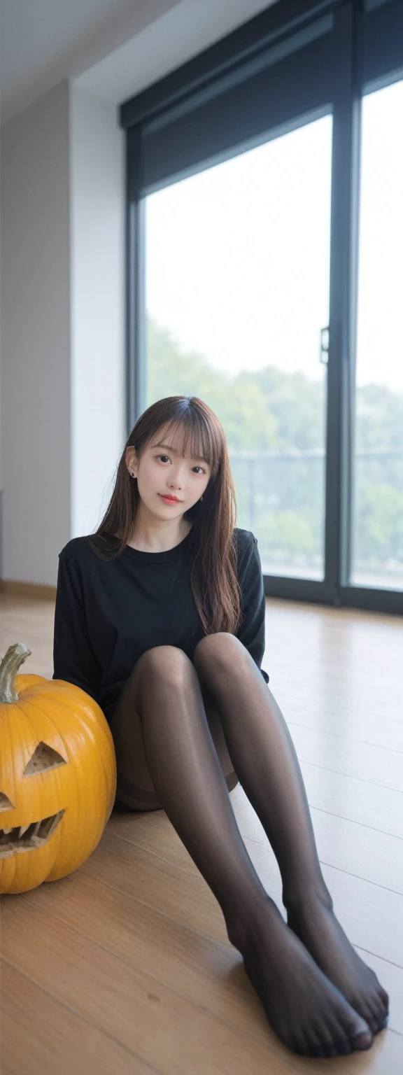 score_6_up BREAK photo, irl, realistic BREAK a young woman with long brown hair,looking directly at the viewer. She is seated on a wooden floor,wearing black pantyhose and has her feet prominently displayed. The focus is on her feet,with the rest of her body slightly blurred. The background consists of a window and a yellow pumpkin-shaped decorative item. The image has a shallow depth of field,with the woman's face and upper body in sharp focus while the lower half is blurred.,