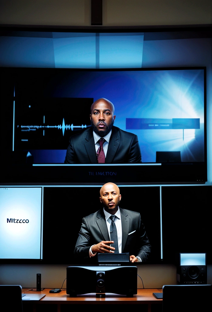 bald black man hip hop executive in suit and tie in a large conference room with ((a large monitor on the wall:1.4)). 