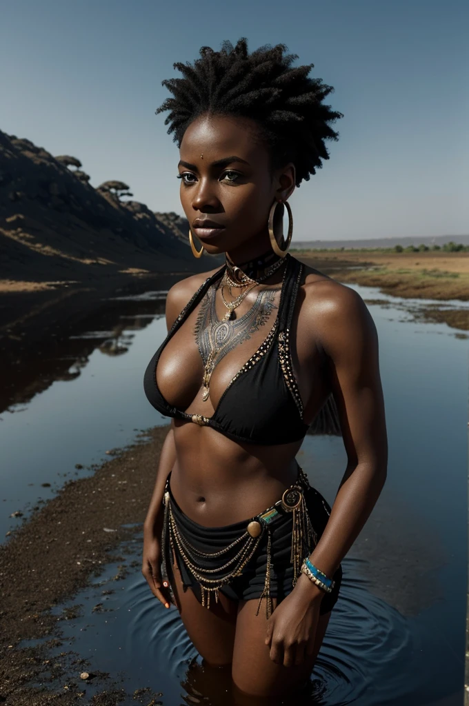 A striking, highly-detailed portrait of an African woman with a helicopter perspective from directly above, focusing down to her toes. She has deep dark skin, intense white-blue eyes, and multiple piercings and tribal tattoos adorning her face and body. Her head is tilted back, gazing steadily at the sky. She is standing in a puddle, reflecting her image, while the background is a deep, enveloping black. The overall effect is one of power and strength, combined with a sense of mystery.