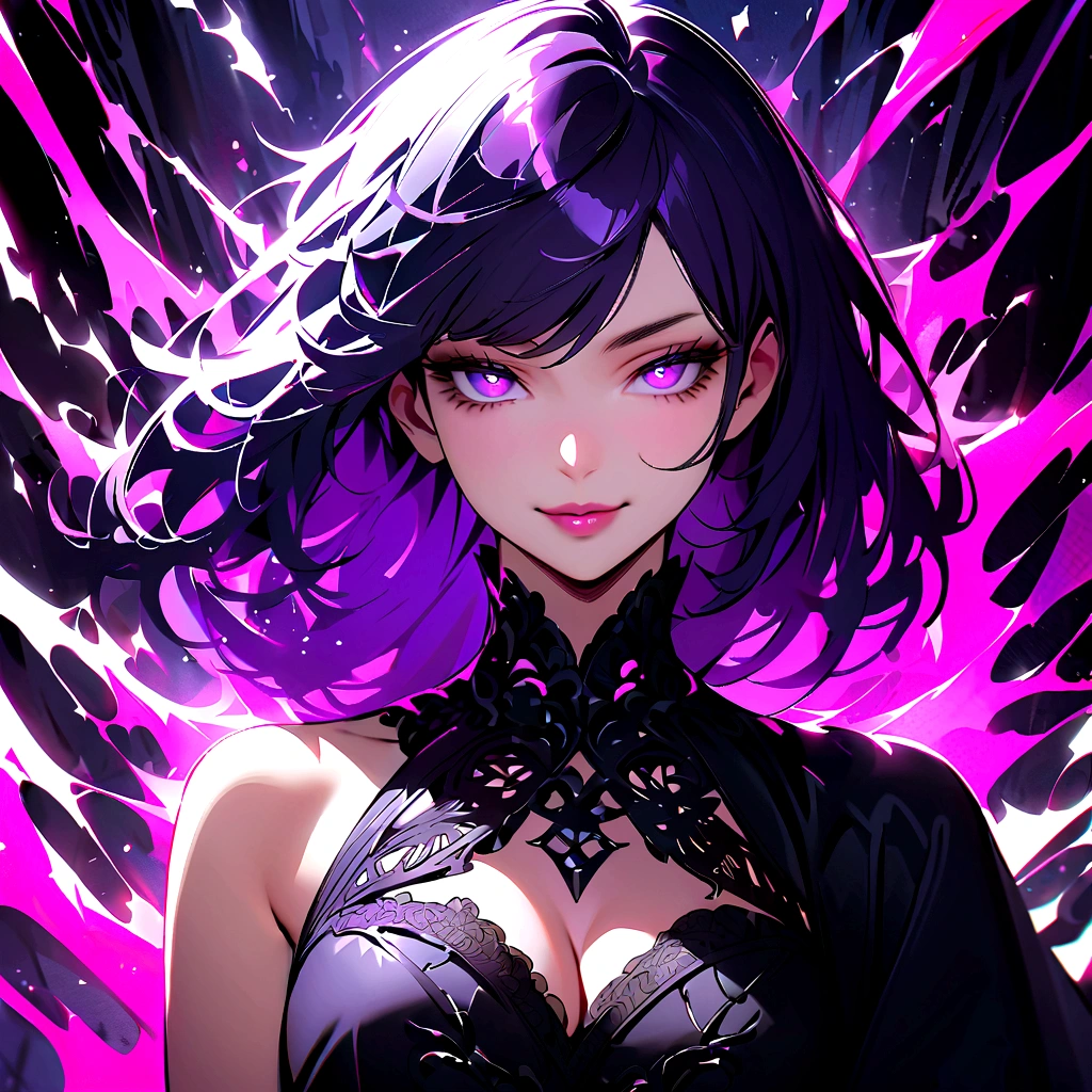 A beautiful woman with black purple hair and no bangs. Right eye is color pink and left eye is color purple. Lips are red. Cold smile. Wears a black dress. Has big and cleavage is showing. Pupils are like a cats but color white. Fierce look but with a cunning smile.
