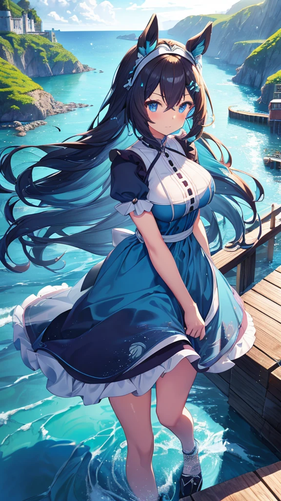 best quality, extremely detailed, anime style adult 1girl, long hair down to the waist, straight hair, dark black hair with bluish, beautiful detailed eyes, pinched eyes, dark blue eyes, huge breasts,curvy, ((((A dress made of running water and light)))),hair accessory,((Luxury cottage rooms by the sea)),((pov face)),in umamusume's 3D style