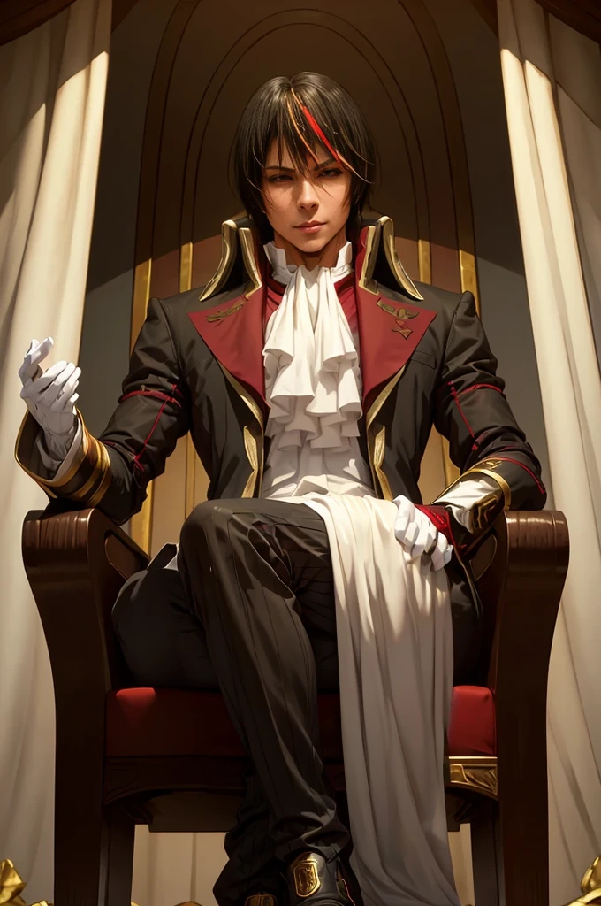 Diablo, detailed eyes, detailed face, detailed clothes, detailed black hair with red and golden line in front,  inside a palace, on a throne, sitting on a throne, character from a novel,