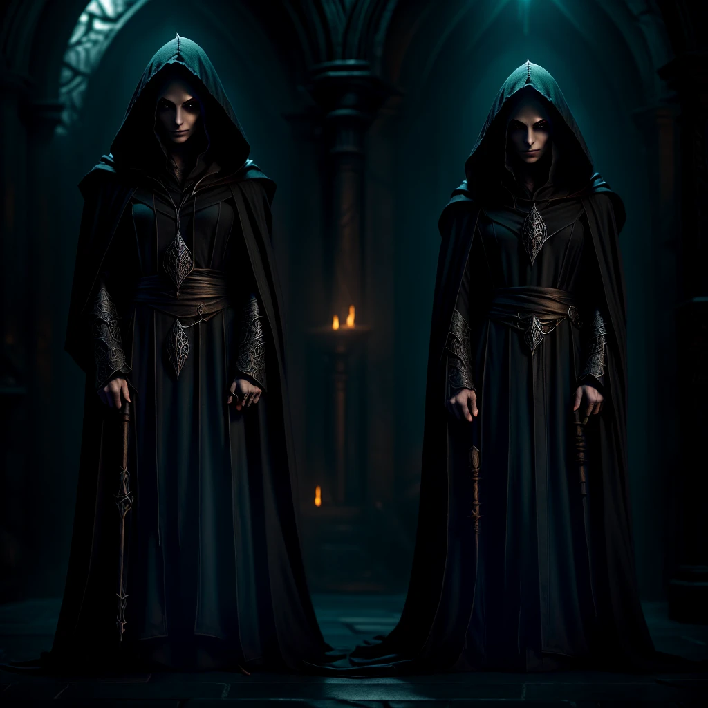 a dark elf necromancer in dark robes, hooded, holding a glowing staff, shrouded in shadows, ornate detailed design, namira worshipper, atmospheric dark fantasy scene, moody dramatic lighting, chiaroscuro, detailed facial features, cinematic composition, highly detailed, intricate textures, dark muted colors, deep shadows, photorealistic, 8k, award winning