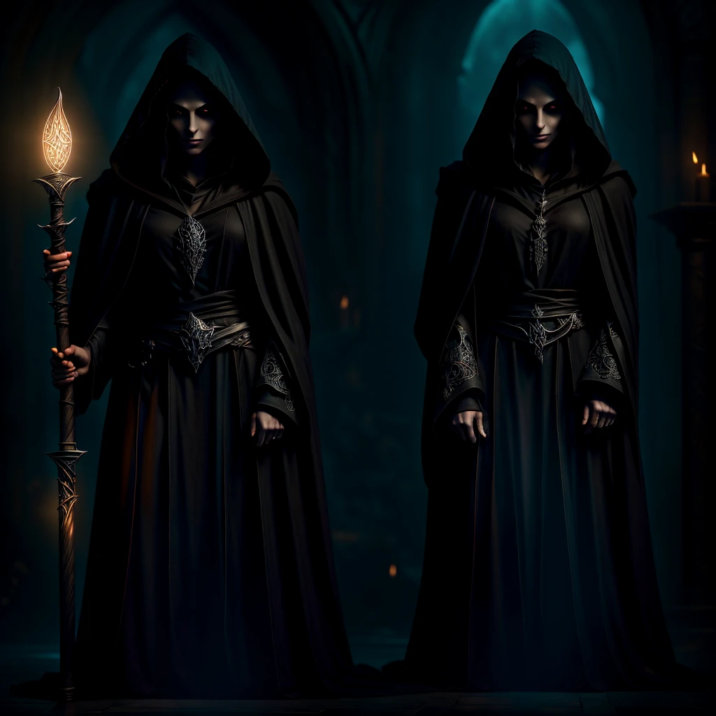 a dark elf necromancer in dark robes, hooded, holding a glowing staff, shrouded in shadows, ornate detailed design, namira worshipper, atmospheric dark fantasy scene, moody dramatic lighting, chiaroscuro, detailed facial features, cinematic composition, highly detailed, intricate textures, dark muted colors, deep shadows, photorealistic, 8k, award winning