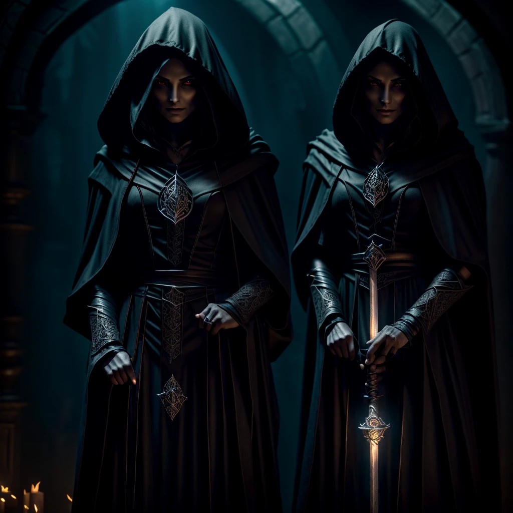 high quality, ultra detailed, photorealistic, extremely detailed, hyper realistic, intricate details, cinematic lighting, dramatic lighting, chiaroscuro lighting, dark fantasy, dark magic, haunting, ominous, sinister, gothic, occult, esoteric, mysterious, enigmatic, elven, dunmer, necromancer, sorcerer, mage, stealth assassin, worshiper of Namira, dark deity, dark ritual, dark powers, dark arts, ethereal, ghostly, shrouded in shadows, glowing eyes, intricate robes, ornate staff, arcane symbols, runic inscriptions, dark fantasy landscape, gloomy atmosphere, haunting ambience