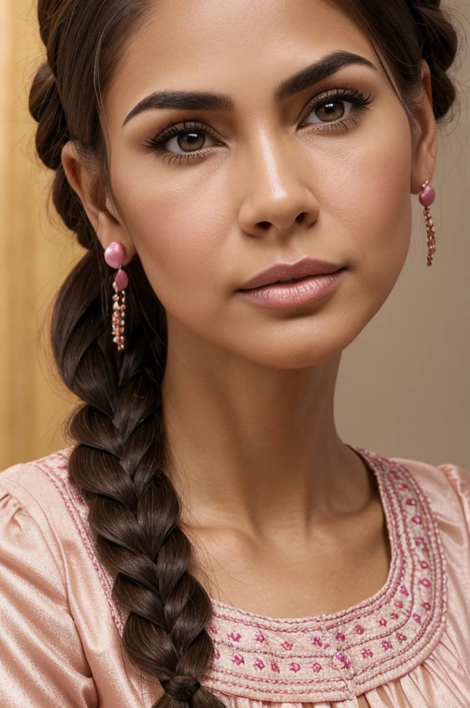 50 year old woman ,round face, Big eyebrows, normal nose, big honey colored eyes, round chin, small cheekbones, medium ears, small mouth thin lips, Small front, long dark brown hair, hairstyle with chola Cuenca braids, light skin color, Small front,with embroidered blouse round neck without neckline with sequins, pink blouse color