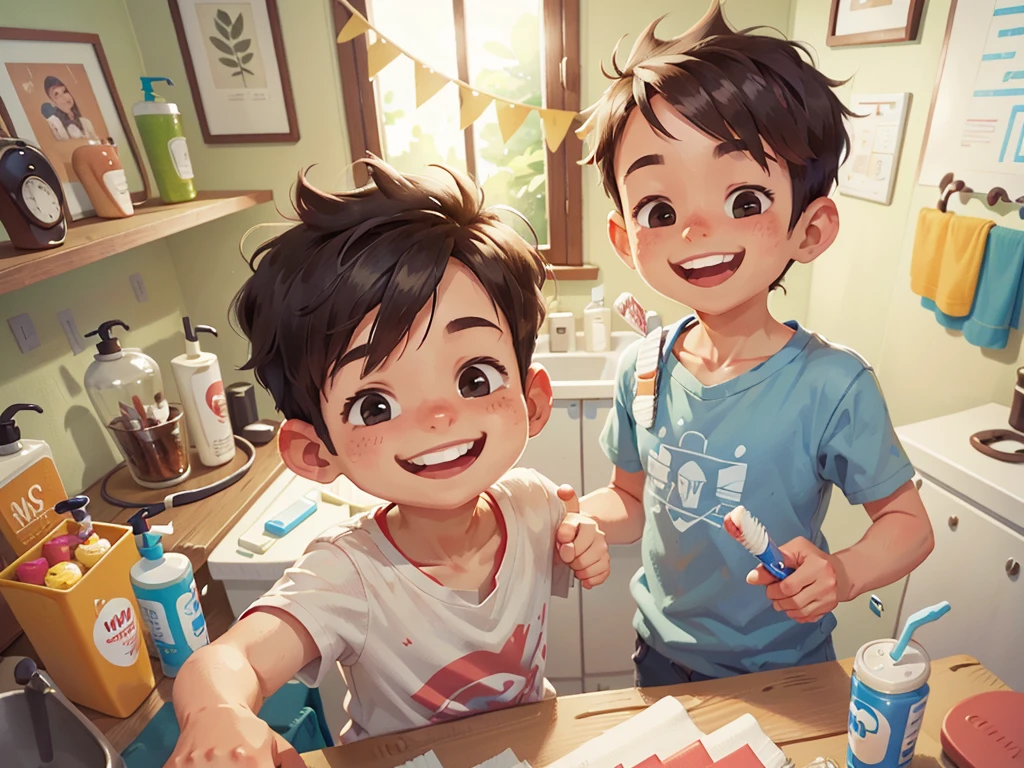 A smiling boy, closeup of smile, showing his clean teeth, toothbrush and toothpaste in the bathroom