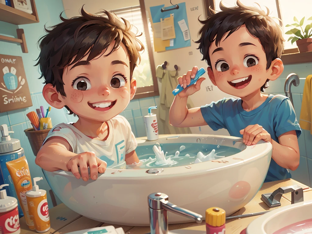 A smiling boy, closeup of smile, showing his clean teeth, toothbrush and toothpaste in the bathroom