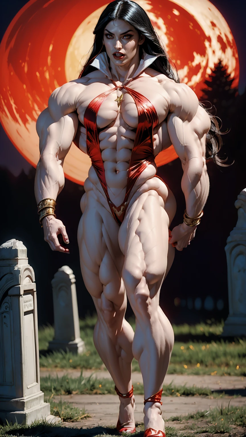 Megan fox as Vampirella, (wearing a red vampirella outfit:1.25), (muscular physique, pale skin, red glowing eyes:1.25), walking down a cemetery on a moonlit night, full moon, dark gothic atmosphere, thin legs, Realistic, Very detailed face and eyes, (masterpiece:1.1), (best quality:1.1), (ornate:1.1), (beautiful girl face:1.25)