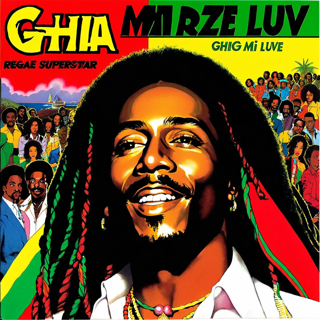 1980s vinyl album cover for a song called "Ghia Mi Luv" by reggae superstar Marley Blaze