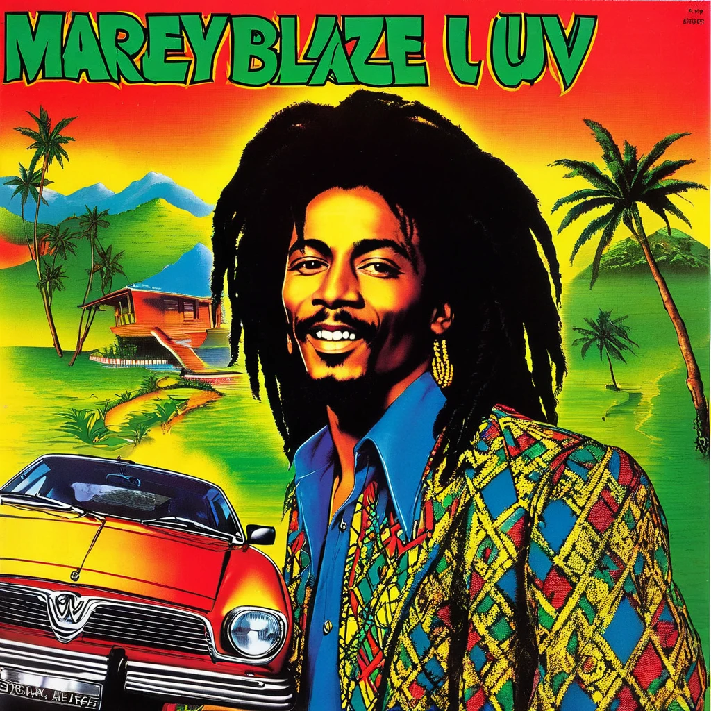 1980s vinyl album cover for a song called "Ghia Mi Luv" by reggae superstar Marley Blaze