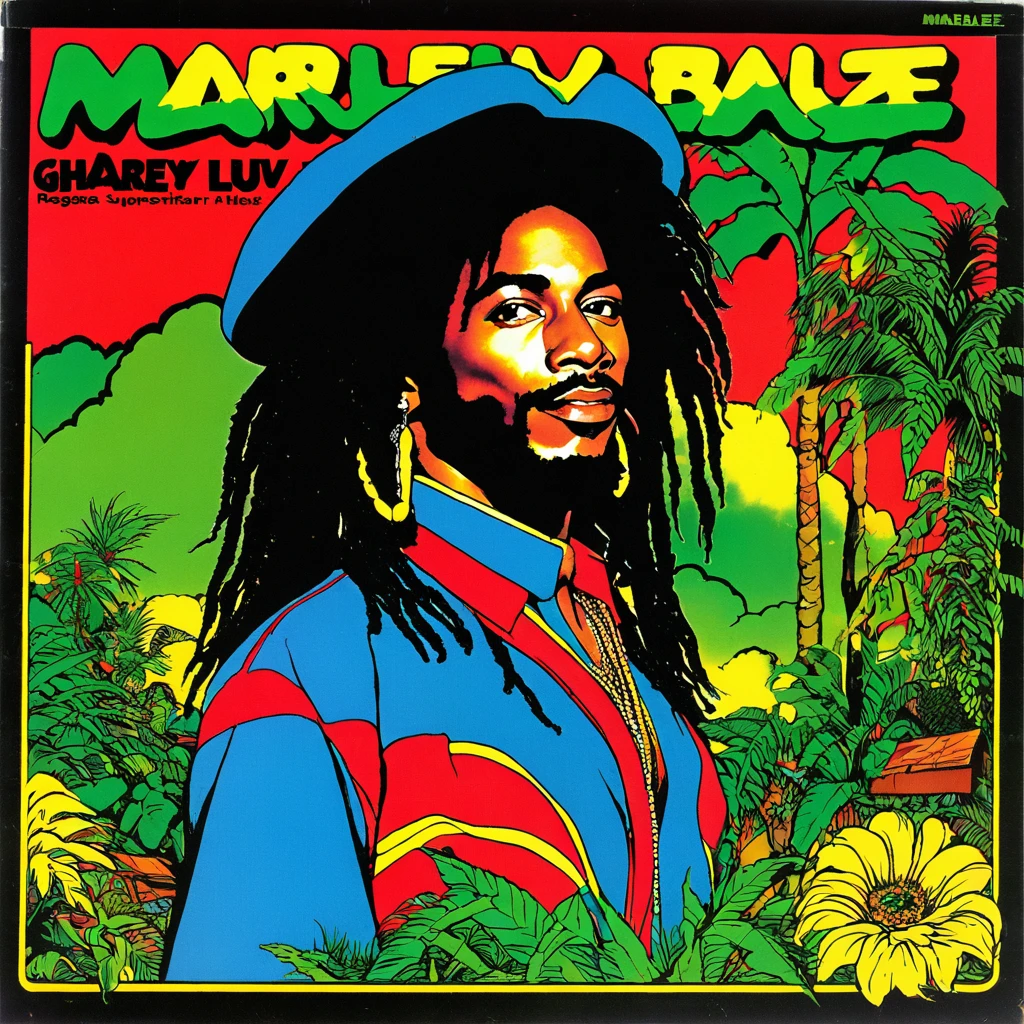 1980s vinyl album cover for a song called "Ghia Mi Luv" by reggae superstar Marley Blaze