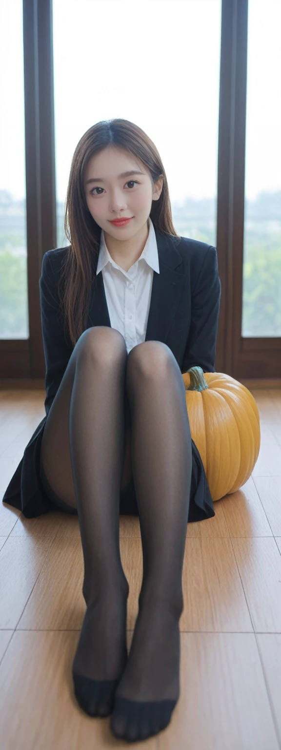 score_6_up BREAK photo, irl, realistic BREAK a young woman with long brown hair,looking directly at the viewer. She is seated on a wooden floor,wearing black pantyhose and has her feet prominently displayed. The focus is on her feet,with the rest of her body slightly blurred. The background consists of a window and a yellow pumpkin-shaped decorative item. The image has a shallow depth of field,with the woman's face and upper body in sharp focus while the lower half is blurred.,