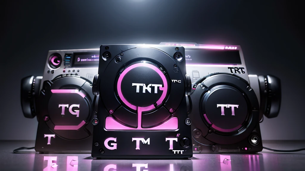 (DTG: 1.8), (DTG letters: 1.8), (Three letters: 1.8), DJ set, Music, cassette, CD Player, Futuristic device for music playing, Music reproducer, Lo-fi, writing, abstract, colorful, high resolution, high quality, neon colors, dark grey background, black grey grdient